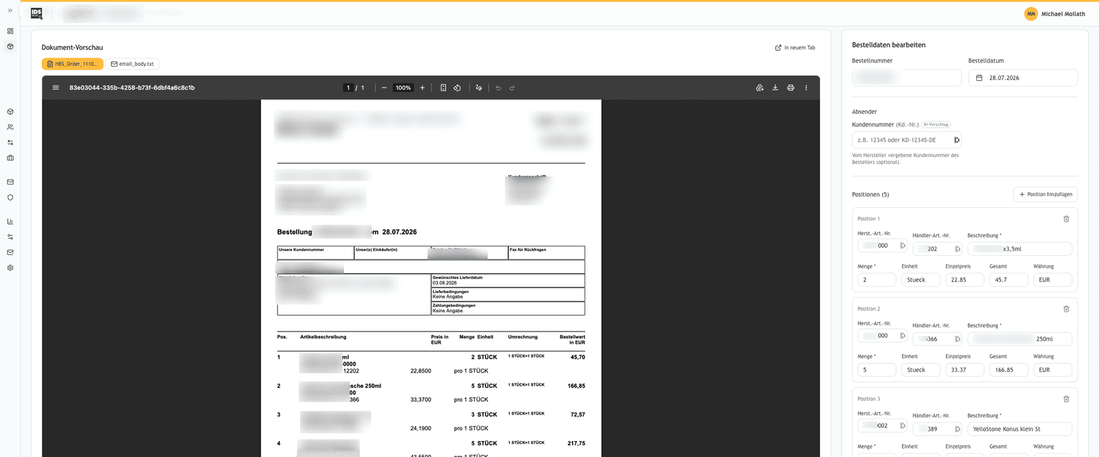 Die OPH-KI: links die eingegangene Bestellung als PDF, rechts die daraus automatisch erfassten Positionen zur Freigabe